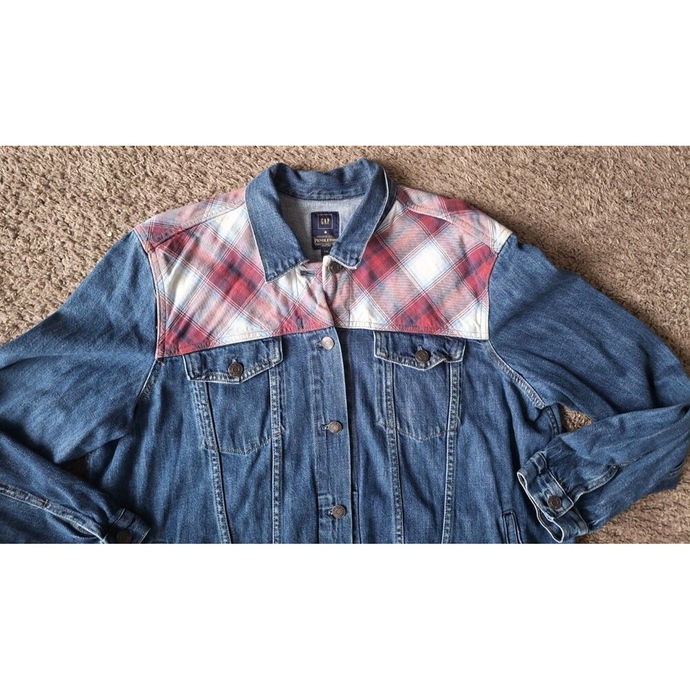 Women's GAP & PENDLETON Denim Jean  Jacket Size XXL Blue & Red Plaid Y2K - Picture 4 of 7